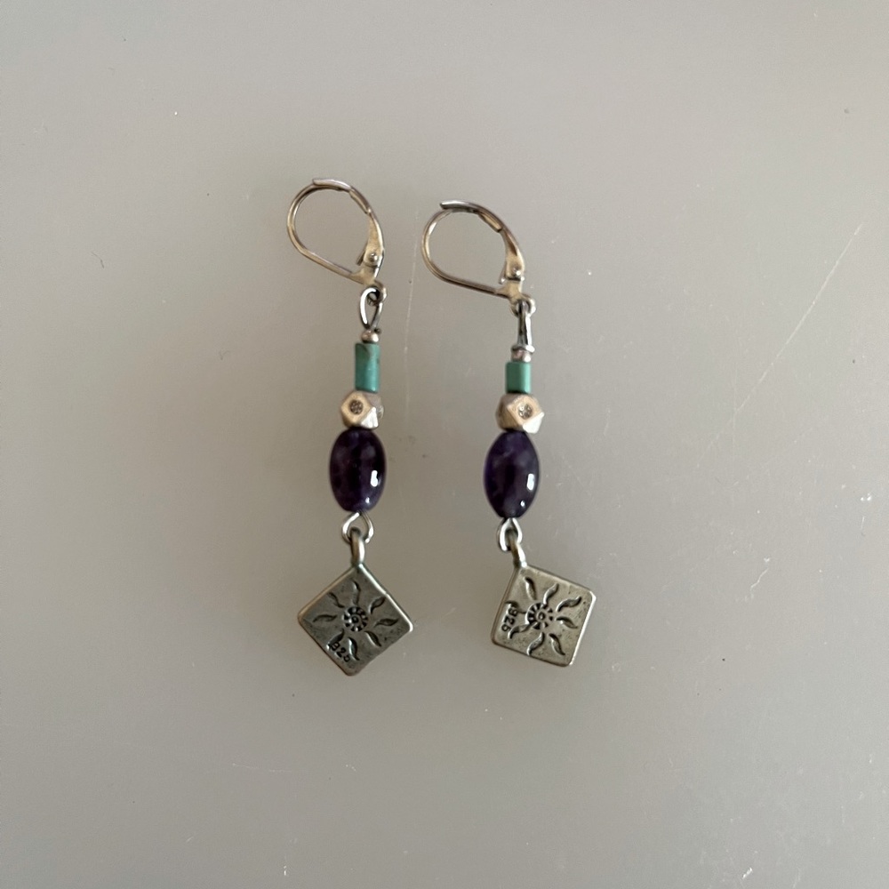 Silver clasp earrings bluish green dark accent